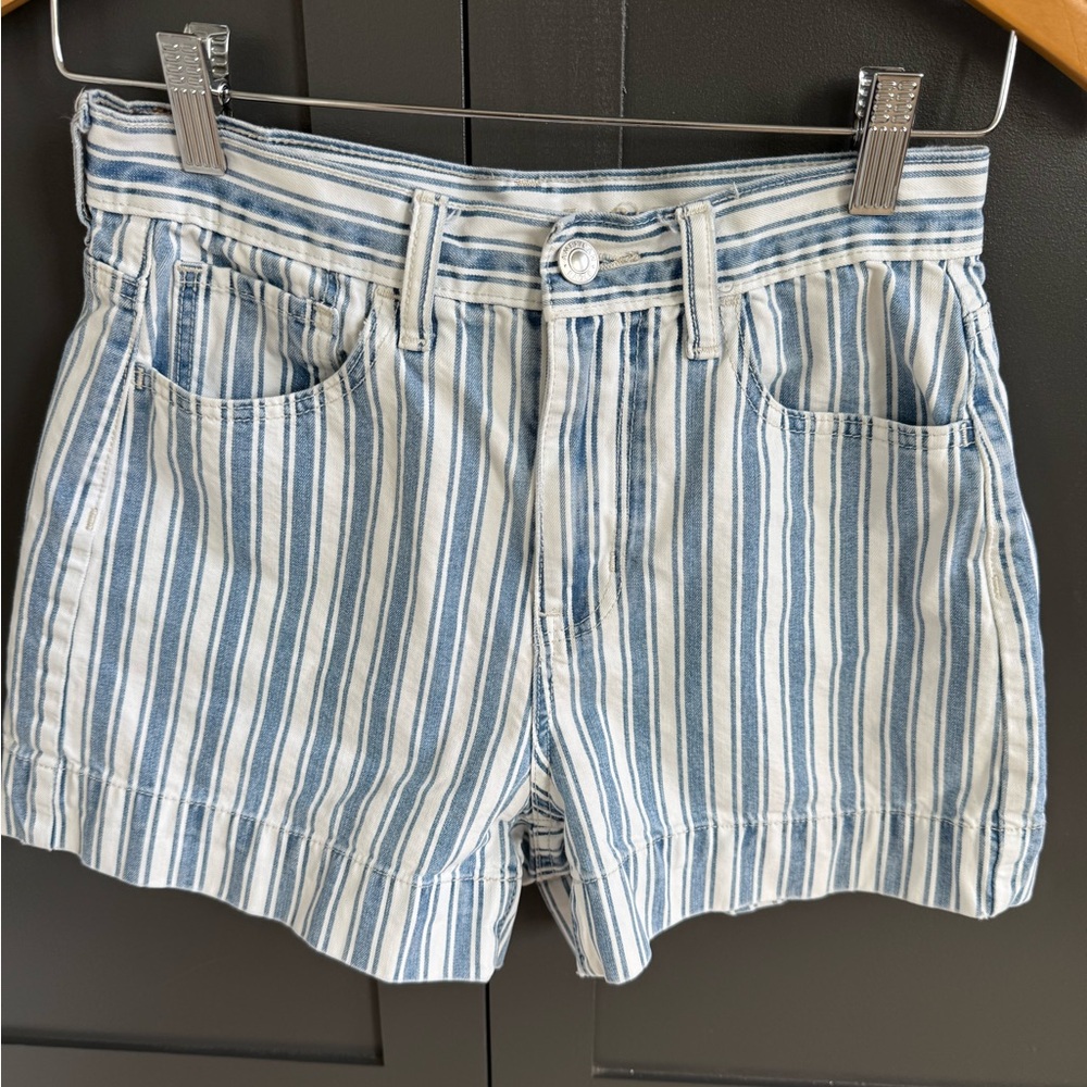 American Eagle Railroad Mom Short Blue & White Cotton Shorts • 2